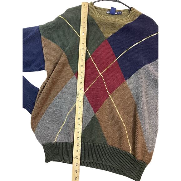 Vintage 90s Nautica Green Blue Mens L Argyle Knit Grandpacore Preppy Sweater - Picture 6 of 8